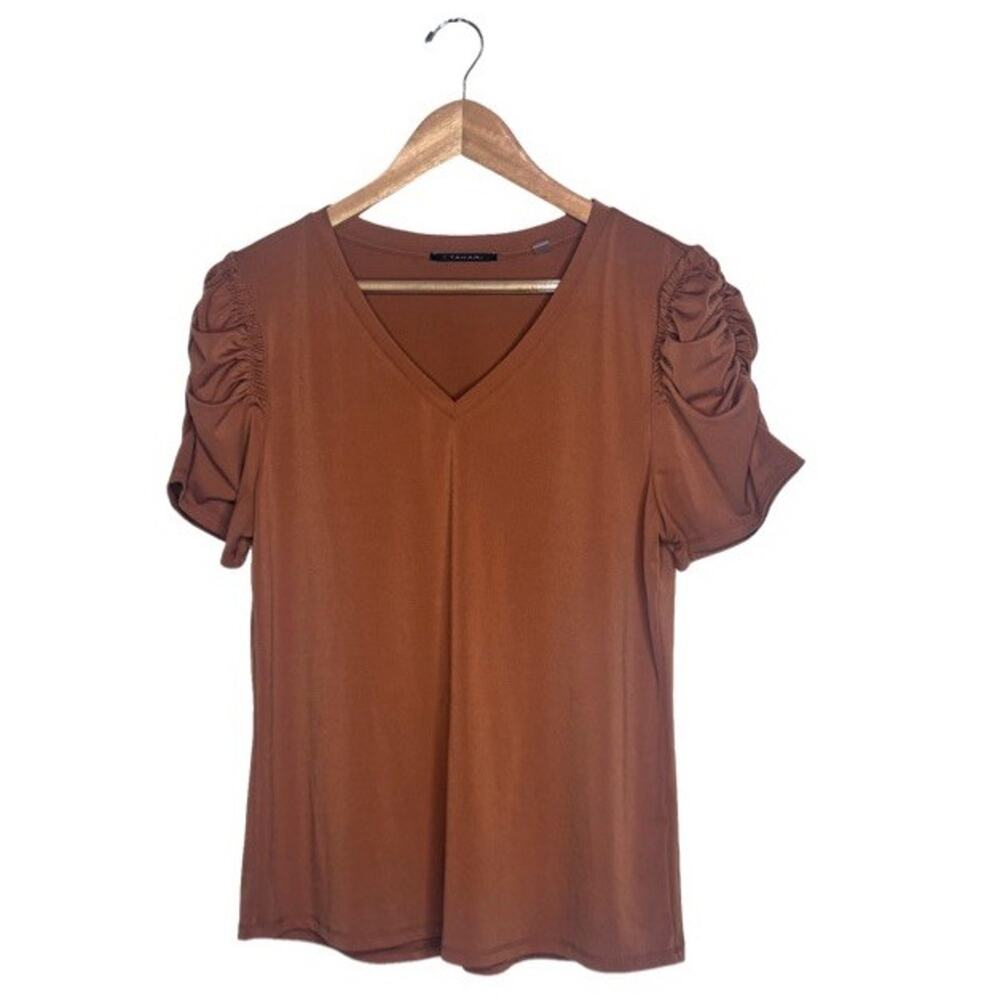 T Tahari Blouse Gathered Sleeves Terra Cotta V Neck Size Large Fitted Slimming